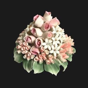 Capodimonte Italy Porcelain Pink Rose Floral Figurine Miniature Flower Basket